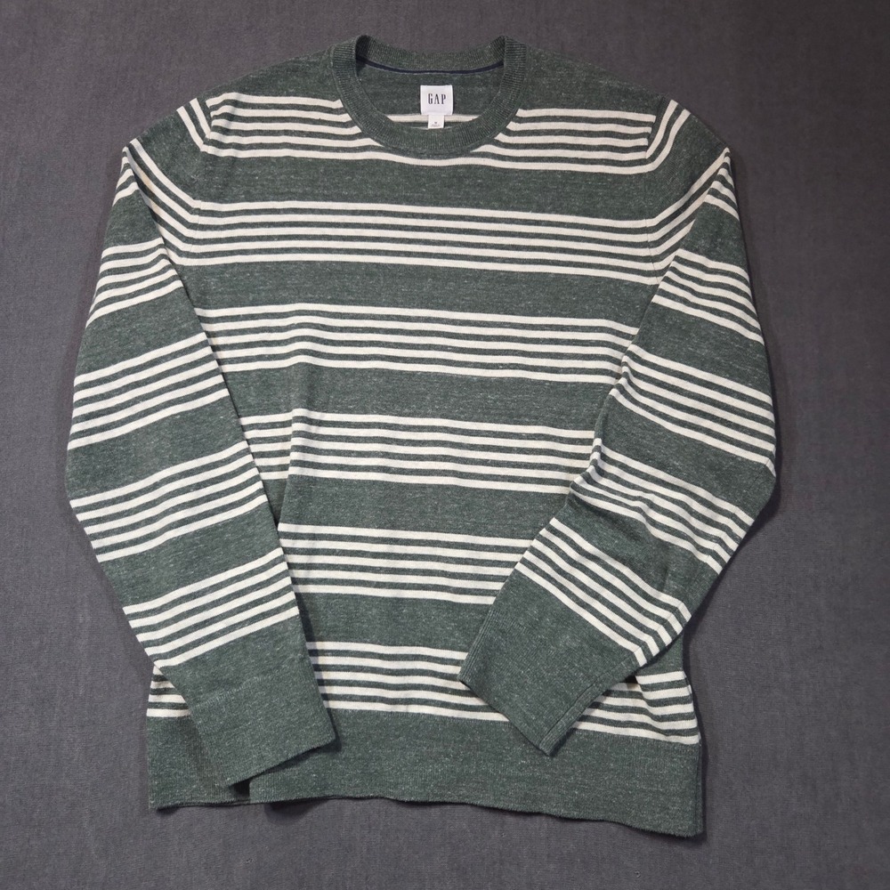 GAP Mainstay Crew Sweater Mens Medium Winter Forest Green White Striped Knit